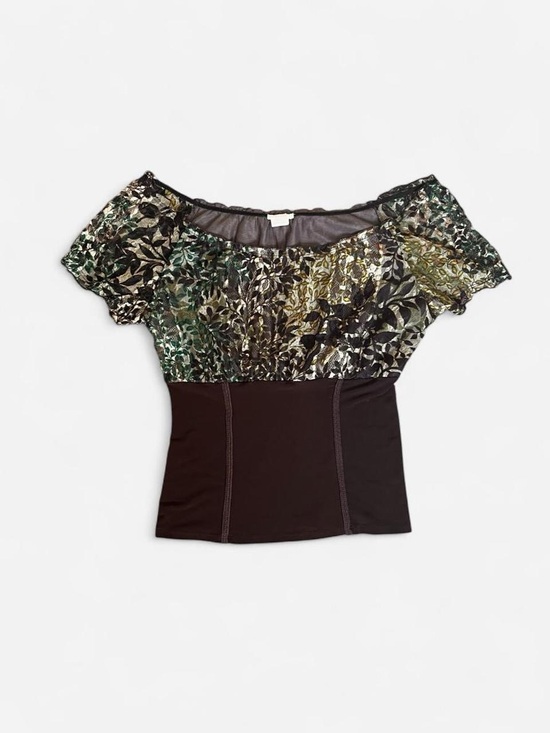 NICOLA Tops - NICOLA Off-Shoulder Floral Mesh Top in Black and Green